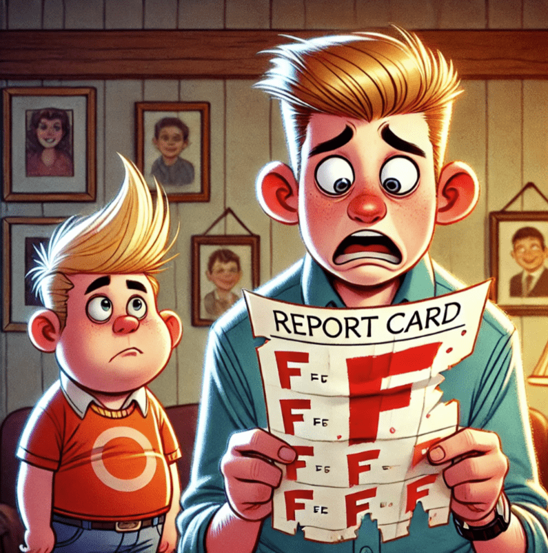 cartoon of father reading his son's failing report card