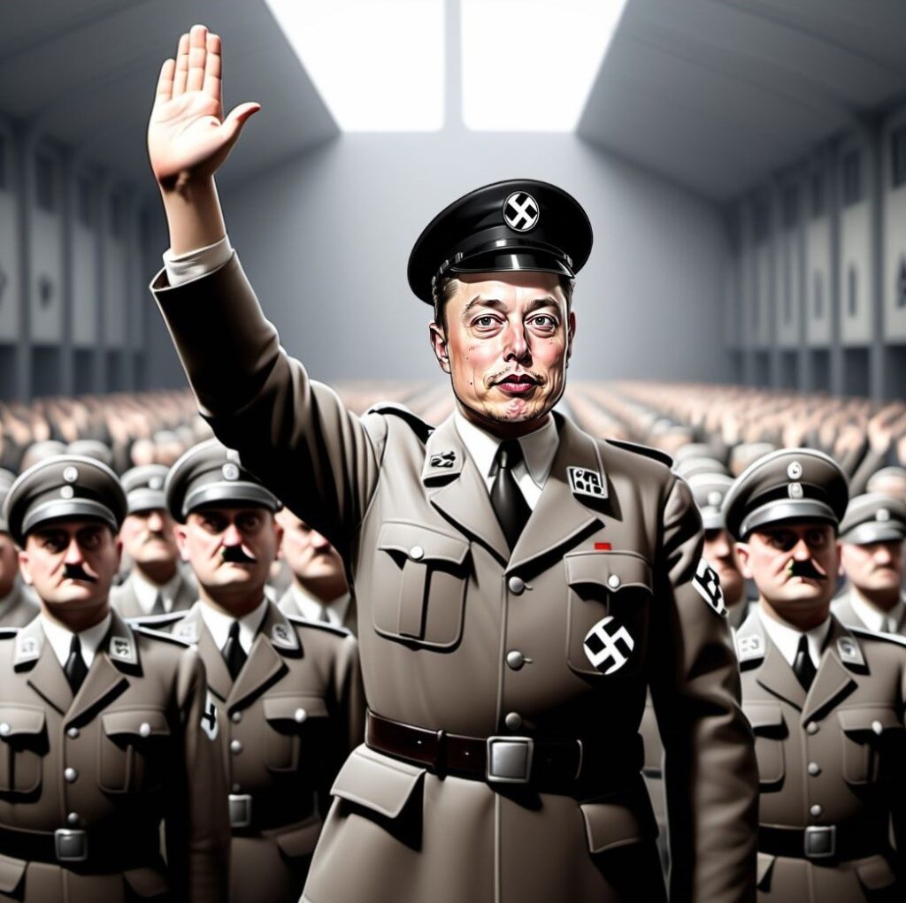 cartoon of Elon Musk dressed as a Nazi doing the salute