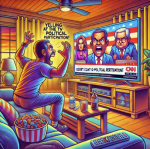 cartoon of man yelling at his tv while a political debate plays