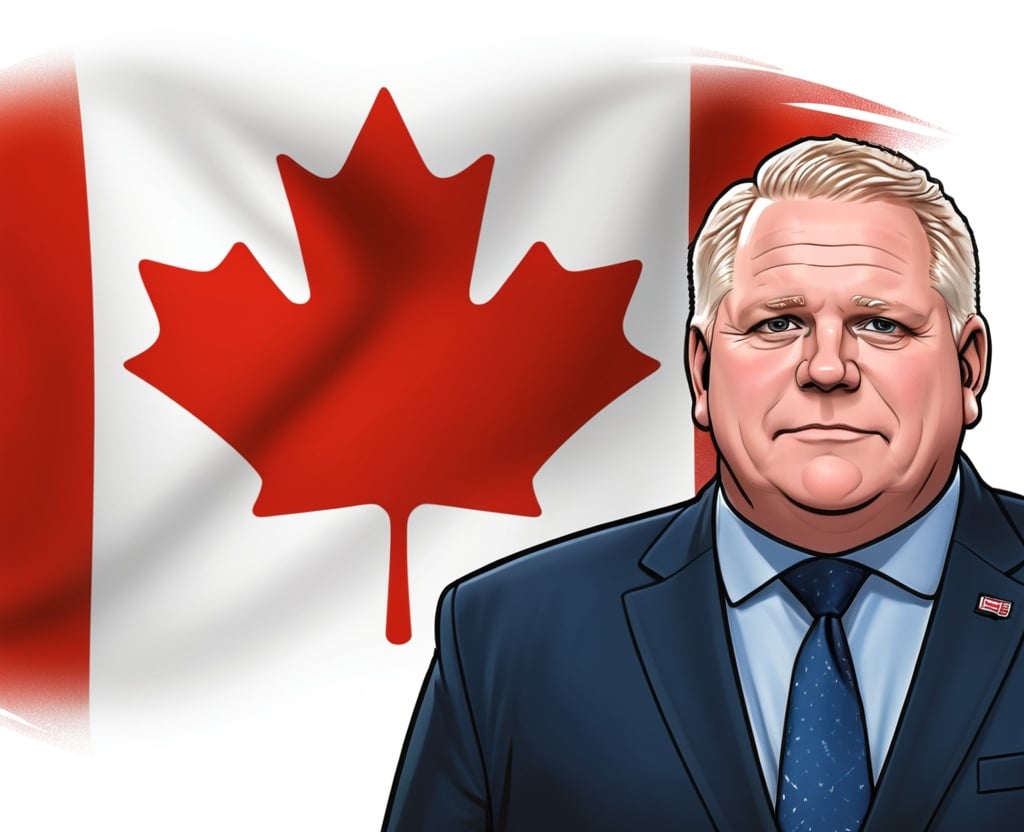 cartoon of Doug Ford in front of a Canadian Flag